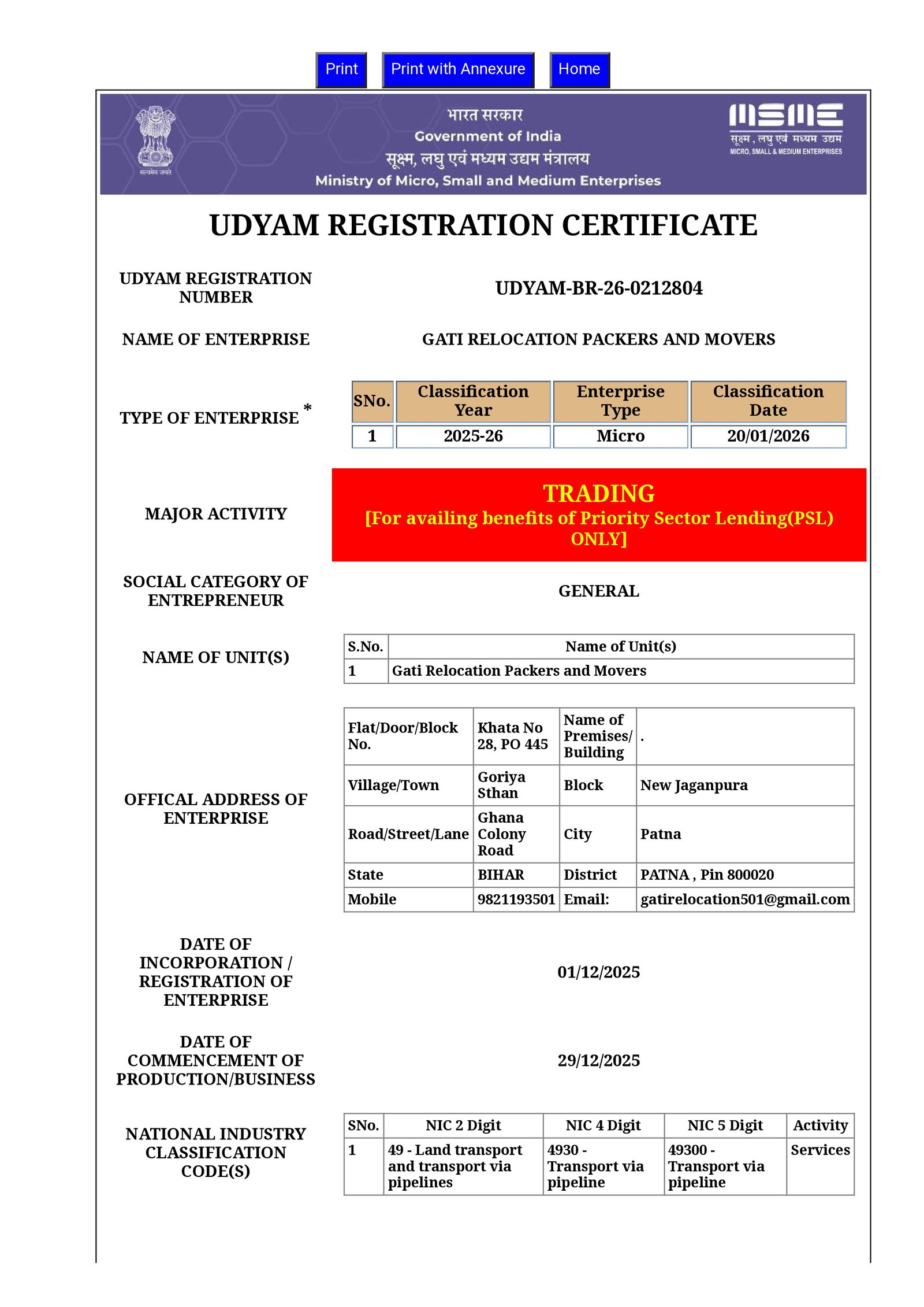 Gati Relocation IBA Approved Packers and Movers Certificate