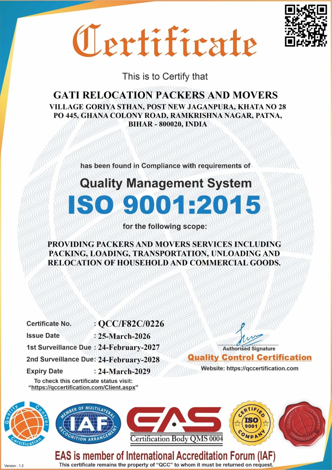 Gati Relocation ISO 9001:2015 Quality Management Certificate